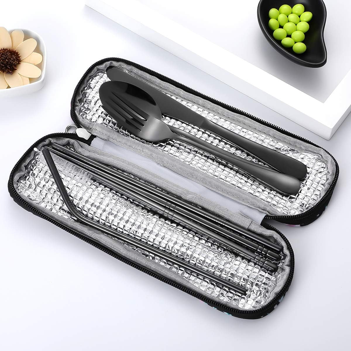 Travel Utensils,Reusable Silverware Set to Go Portable Cutlery Set with a Waterproof Carrying Case for Lunch Boxes Workplace Camping Picnic (Black)