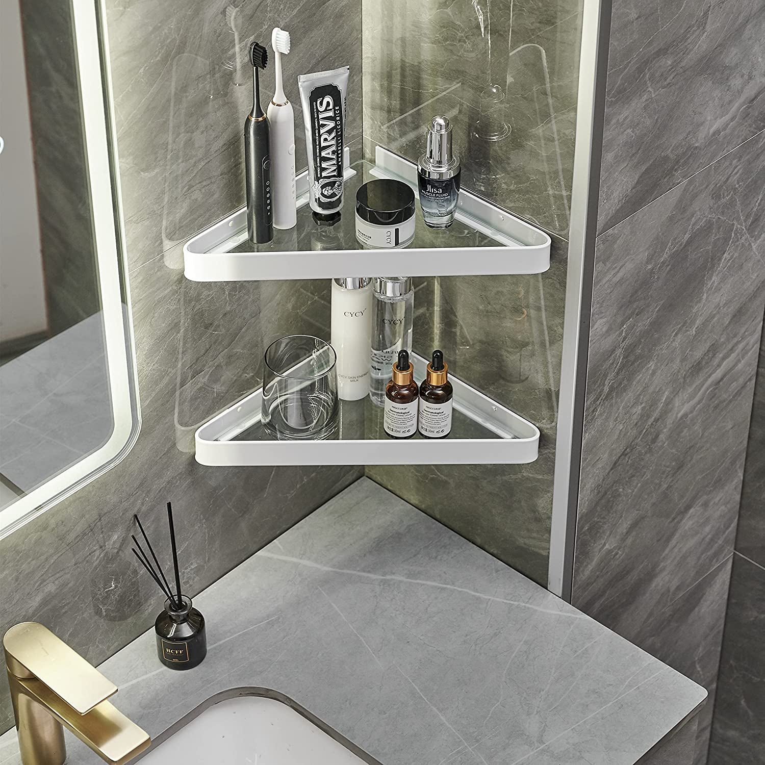 Bathroom Shelves Wall Mounted Glass Corner Shower Shelf for Bathroom Floating Shelf Tempered Glass Wall Organizer 2-Tier(White)