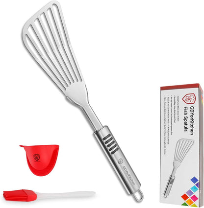 Stainless Steel Fish Spatula with 1.2Mm Thick Blade - Multipurpose Turner for Fish, Eggs, Meat, and Dumplings - Perfect for Grilling, Frying, and More - Bonus Silicone Brush and Oven Mitt - Set of 1