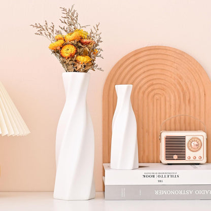 Modern Ceramic Vase - White Geometric Decorative Vases for Living Room, Mantel, Table Decoration