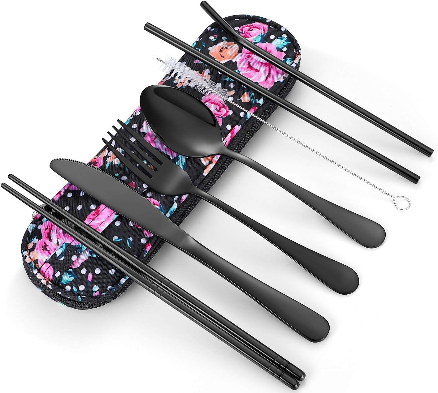 Travel Utensils,Reusable Silverware Set to Go Portable Cutlery Set with a Waterproof Carrying Case for Lunch Boxes Workplace Camping Picnic (Black)