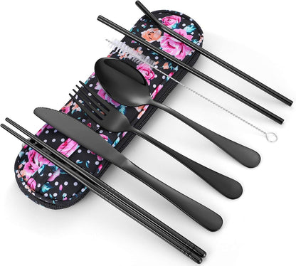 Travel Utensils,Reusable Silverware Set to Go Portable Cutlery Set with a Waterproof Carrying Case for Lunch Boxes Workplace Camping Picnic (Black)