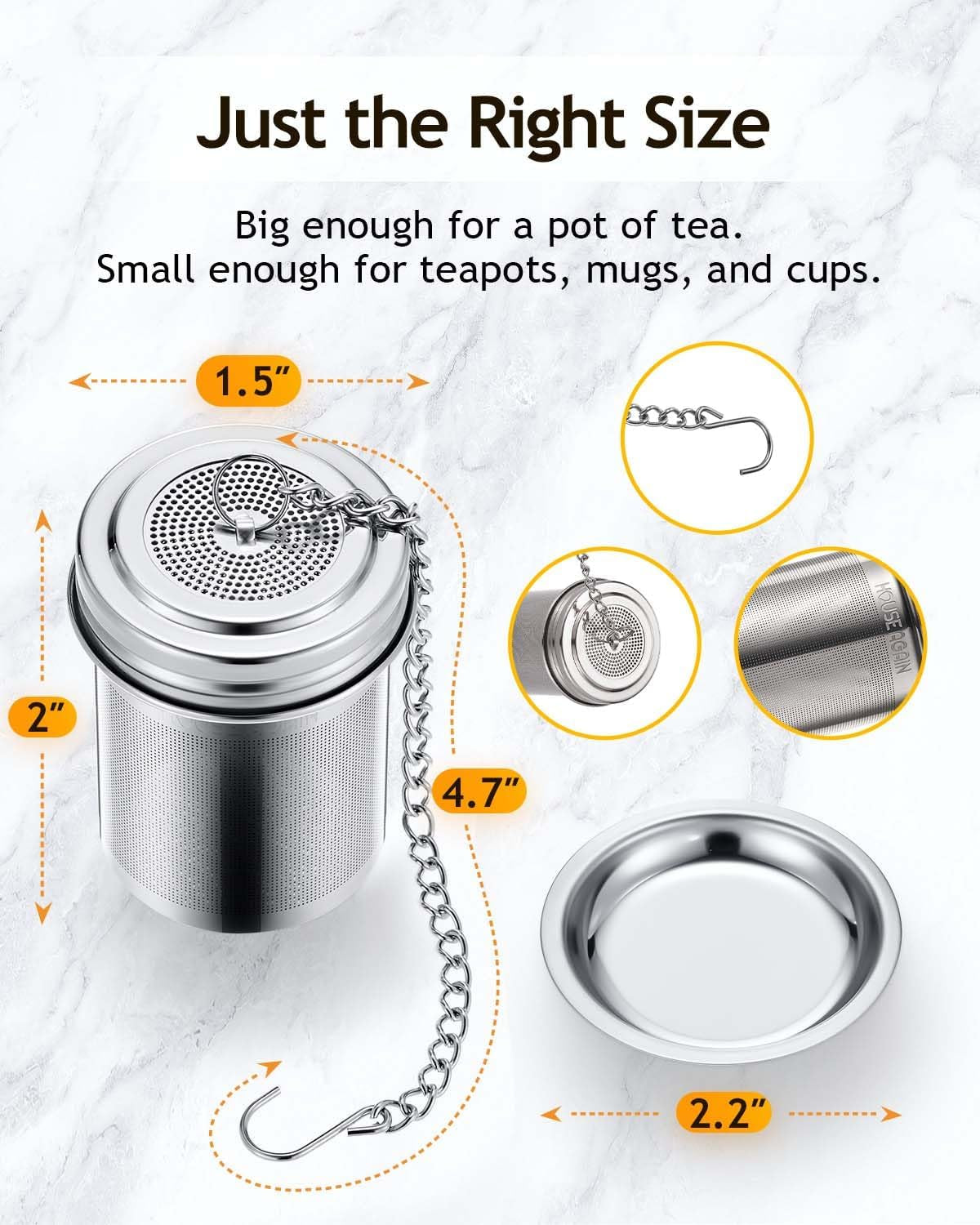 2 Pack Tea Infuser, Extra Fine Mesh Tea Infusers for Loose Tea, 18/8 Stainless Steel Tea Strainer with Extended Chain Hook, Tea Steeper for Brew Tea, Spices & Seasonings
