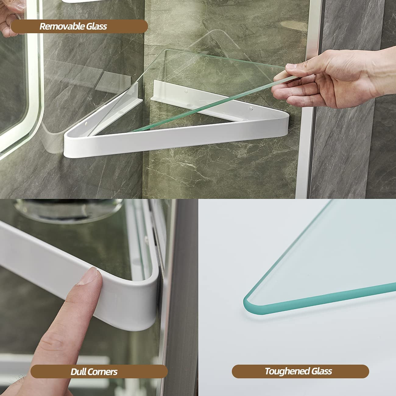 Bathroom Shelves Wall Mounted Glass Corner Shower Shelf for Bathroom Floating Shelf Tempered Glass Wall Organizer 2-Tier(White)